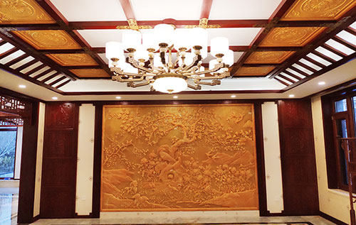 河东中式别墅客厅中式木作横梁吊顶装饰展示